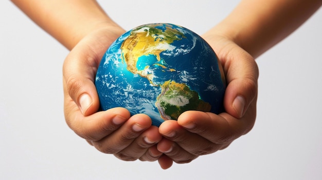 Il concetto della Giornata Mondiale della Terra Energia Verde Mani di persone che abbracciano un globo fatto a mano generativo ai