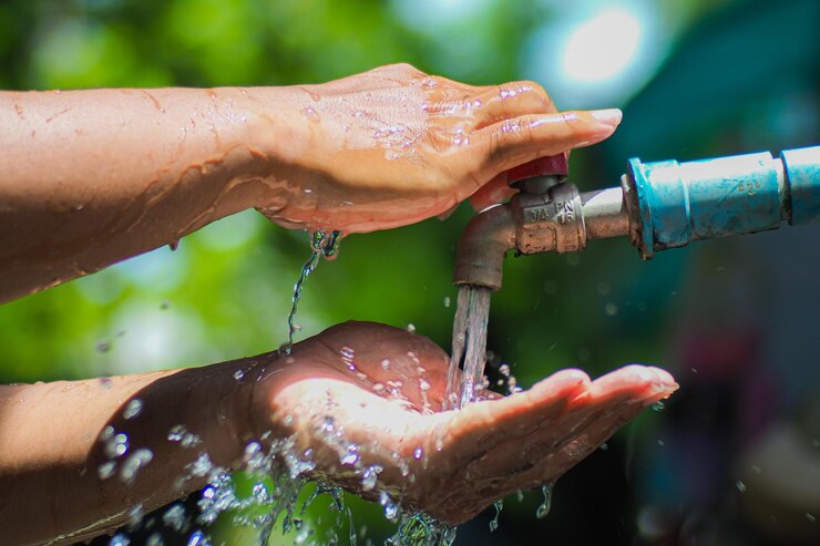 Il concetto di acqua nella vita quotidiana Le mani che sostengono l'acqua che scorre dal rubinetto L'acqua che spruzza dal rubinetti