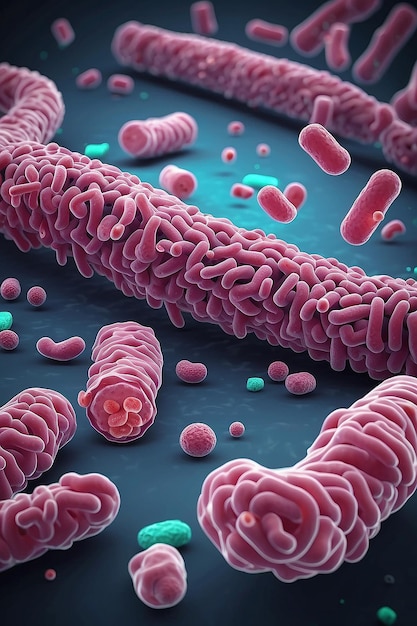 Il concetto di agenti infettivi batteri bacilli e coli parte del microbioma intestinale immagine ingrandita sotto il microscopio rendering 3D illustrazione 3D