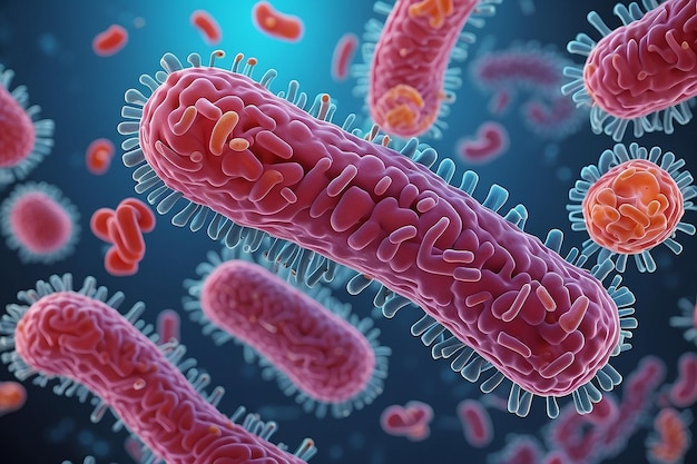 Il concetto di agenti infettivi batteri bacilli e coli parte del microbioma intestinale immagine ingrandita sotto il microscopio rendering 3D illustrazione 3D