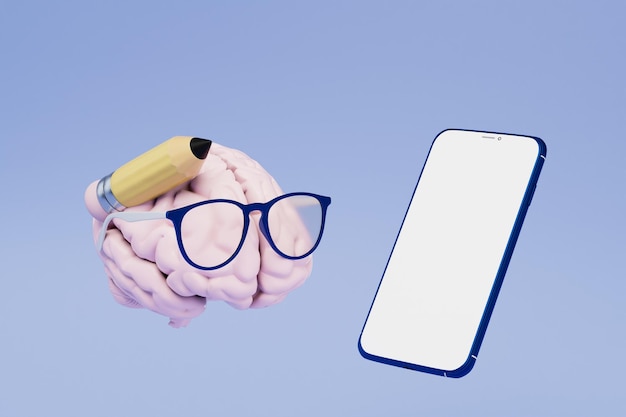 Il concetto di apprendimento online il cervello indossa gli occhiali e con una matita davanti a uno smartphone