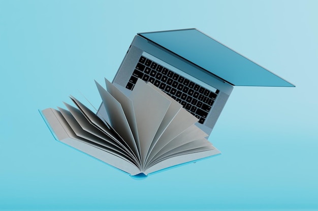 Il concetto di apprendimento online un libro aperto e un laptop su sfondo blu rendering 3D