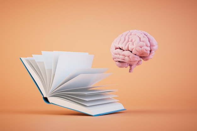 Il concetto di apprendimento permanente un libro aperto e un cervello su uno sfondo pastello rendering 3D