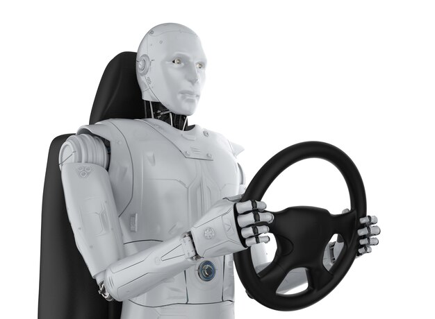 Il concetto di automobile autonoma con il robot di rendering 3D tiene il volante isolato su bianco