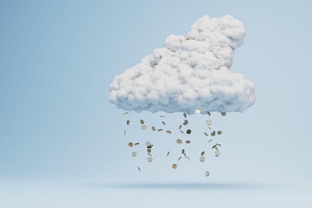 Il concetto di buoni guadagni una nuvola e una pioggia di monete in dollari su sfondo blu rendering 3D