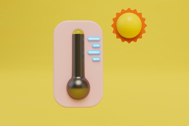 Il concetto di cambiamenti nelle condizioni meteorologiche termometro della temperatura stradale e sole su sfondo giallo Rendering 3D
