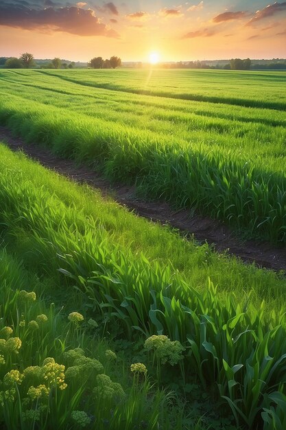 Il concetto di campo verde succoso e primavera al tramonto