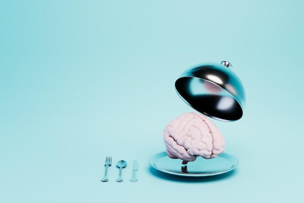 Il concetto di cervello che mangia cervello su un piatto con un agnello sollevato accanto alle posate