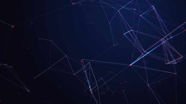 Il concetto di connessione di rete con effetto glitch Sfondo blu tecnologico con linee e punti Rendering 3d di big data