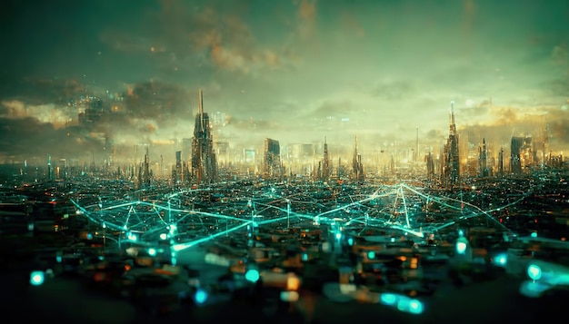 Il concetto di connessione Internet ad alta velocità visualizzato come cavi che inviano dati in uno spettacolare paesaggio urbano futuristico cyberpunk Illustrazione 3D di arte digitale