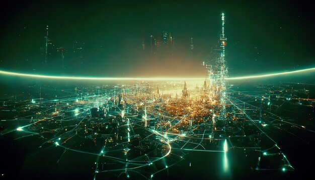 Il concetto di connessione Internet ad alta velocità visualizzato come cavi che si collegano in uno spettacolare paesaggio urbano futuristico e cyberpunk con grattacieli Arte digitale Illustrazione 3D