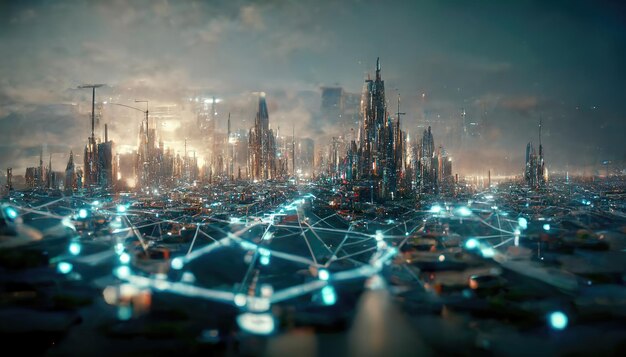 Il concetto di connessione Internet ad alta velocità visualizzato come reti di cavi luminosi che inviano dati digitali su uno spettacolare paesaggio urbano futuristico cyberpunk con grattacieli Arte digitale Illustrazione 3D
