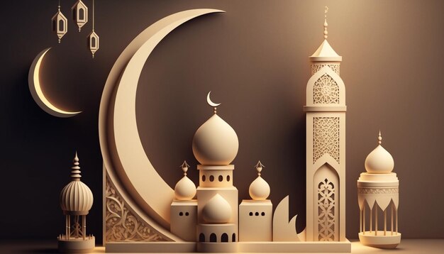 Il concetto di design 3D Ramadan Kareem e il periodo Eid Mubarak Generative Ai