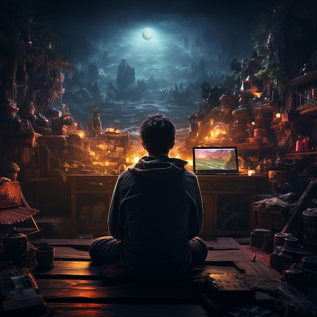 Il concetto di dipendenza dal gioco con la vista posteriore di un ragazzo seduto in una stanza buia illuminata dal bagliore di uno schermo cattura la natura immersiva del gioco eccessivo e i suoi potenziali rischi