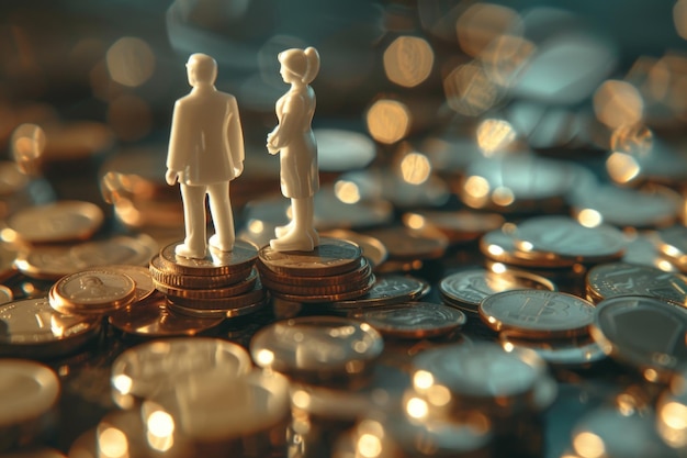 Il concetto di disuguaglianza di reddito mostrato con statuette maschili e femminili e pile di monete