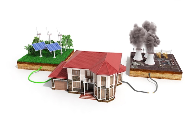 Il concetto di energia ecologicamente pulita La casa è collegata a pannelli solari e palette meteorologiche invece di centrali termiche render 3d