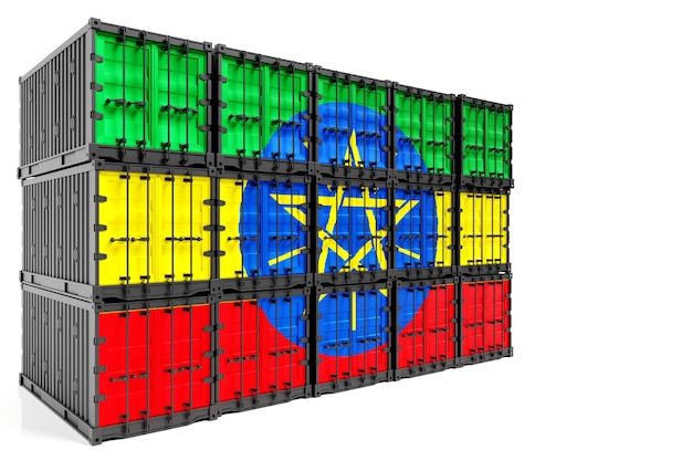 Il concetto di Etiopia exportimport container trasporto e consegna nazionale di merci contenitore di illustrazione 3D con la bandiera nazionale dell'Etiopia vista frontale