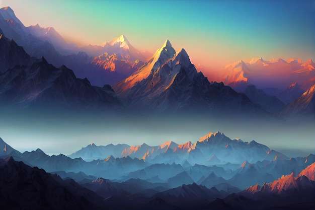 Il concetto di fantasia che mostra una valle di Hushe, montagne del Karakoram, Pakistan, Laila Peak, crea uno dei paesaggi montani più belli della Terra, in stile arte digitale, pittura, orizzonte