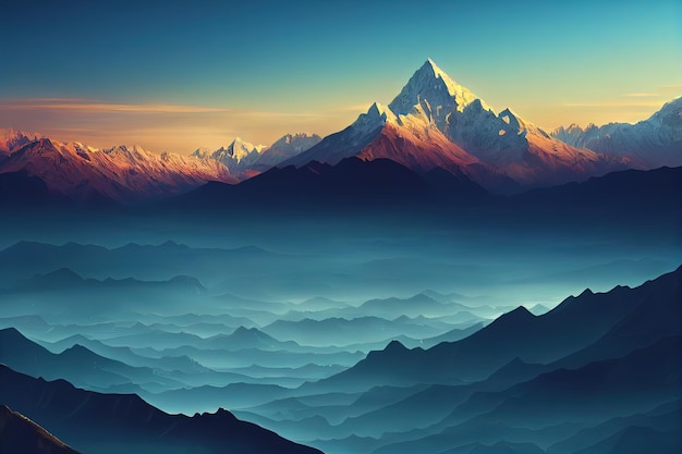 Il concetto di fantasia che mostra una valle di Hushe, montagne del Karakoram, Pakistan, Laila Peak, crea uno dei paesaggi montani più belli della Terra, in stile arte digitale, pittura, orizzonte