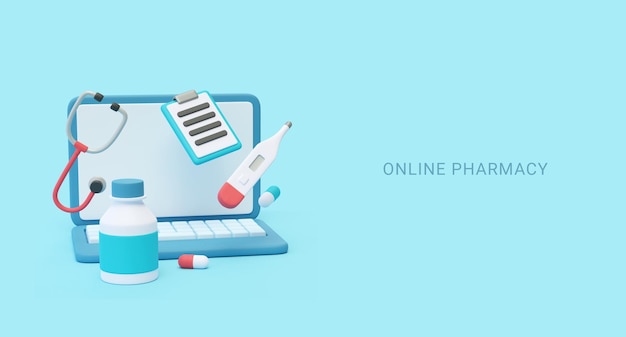 Il concetto di farmacia online illustrazione 3D attrezzature mediche modello di farmacia sanitaria