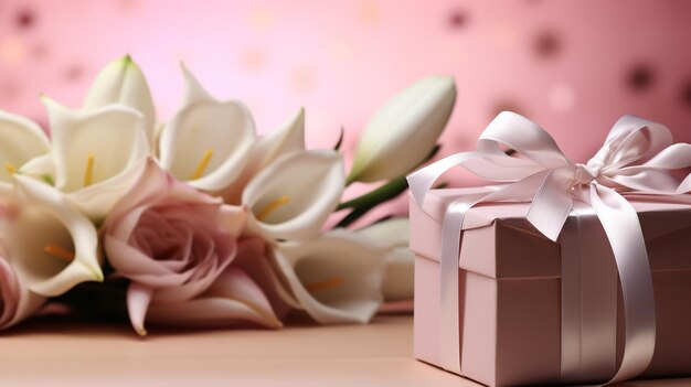 Il concetto di Giornata della Madre è un'elegante scatola regalo rosa con un fiocco di nastro e un bouquet di tulipani su uno sfondo rosa pastello isolato con copyspace