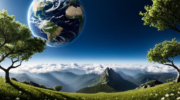 Il concetto di Giornata della Terra salva il mondo globo su muschio globo e foresta pianeta eco-friendly terra natura sfondo 8k