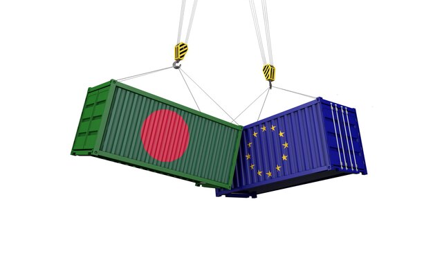 Il concetto di guerra commerciale del Bangladesh e dell'Europa che si scontra con i contenitori di carico d rende