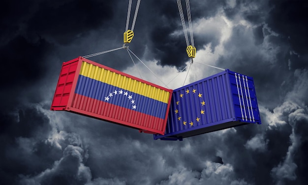 Il concetto di guerra commerciale del Venezuela e dell'Europa che si scontra con i contenitori di carico d rende