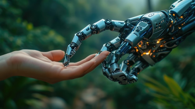 Il concetto di interazione uomo-macchina con la mano del robot che tocca la mano dell'uomo