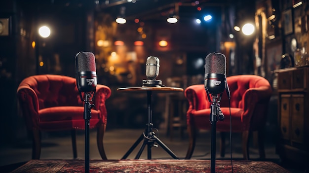 Il concetto di intervista podcast coinvolge due sedie e microfoni in una stanza AI generativa