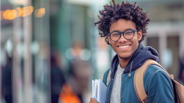 Il concetto di istruzione e di persone è rappresentato da uno studente sorridente che indossa occhiali che porta