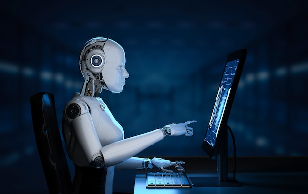 Il concetto di lavoratore di automazione con rendering 3d cyborg femminile o robot lavora su computer desktop