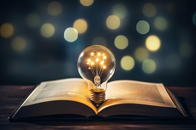 Il concetto di leggere libri alla ricerca di conoscenza e generare nuove idee rappresentato da una lampadina
