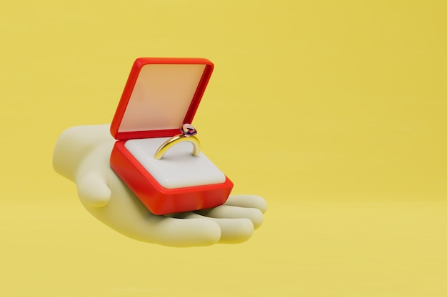 Il concetto di matrimonio una scatola rossa con un anello in mano su uno sfondo giallo 3D render