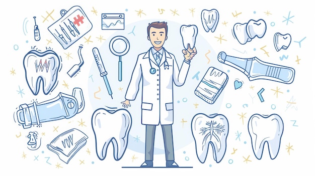 Il concetto di odontoiatria medicina doodle Un dentista con un dente sano e luminoso in mano e icone di attrezzature mediche intorno a lui Servizi di clinica dentale denti e trattamento della carie Segni moderni