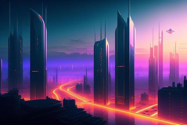 Il concetto di paesaggio Cyberpunk della città notturna