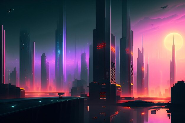Il concetto di paesaggio Cyberpunk della città notturna