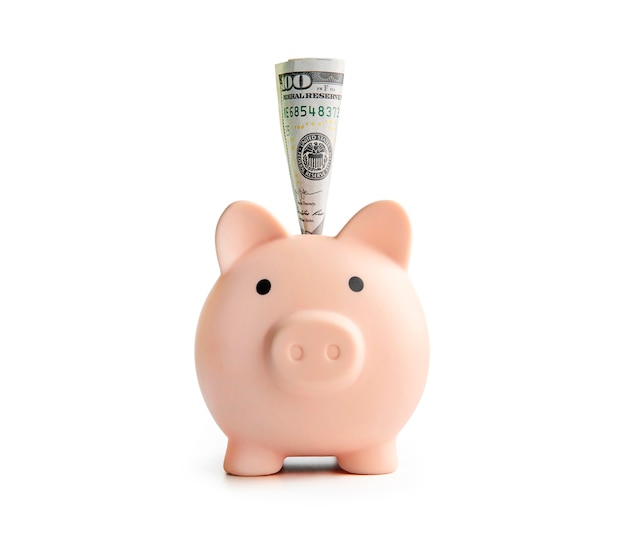 Il concetto di preservare e risparmiare denaro. Salvadanaio isolato su sfondo bianco. dollari nel salvadanaio.