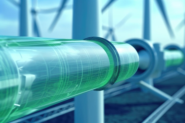 Il concetto di produzione di idrogeno verde con un'immagine ravvicinata di un gasdotto di idrogeno in primo piano e turbine eoliche sullo sfondo IA generativa