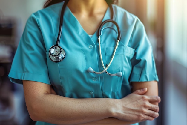 Il concetto di professione sanitaria persone e medicina è illustrato da un primo piano di un medico sorridente con uno stetoscopio in un ospedale