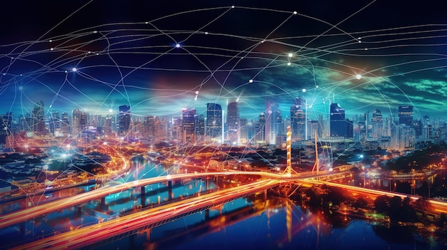 Il concetto di rete wireless e tecnologia di connettività con uno sfondo astratto della città Tecnologie innovative futuristiche IA generativa