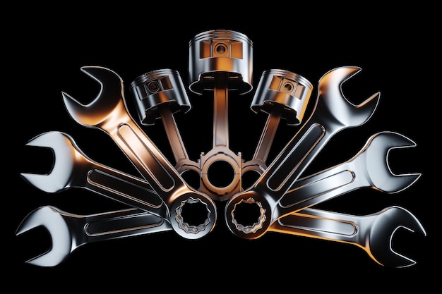 Il concetto di riparazione del motore riparazione auto Immagine di chiavi e un cilindro su sfondo scuro Spazio di copia Illustrazione 3D Rendering 3D