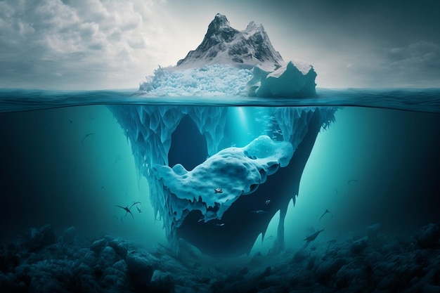 Il concetto di riscaldamento globale sott'acqua Un'illustrazione di un iceberg IA generativa