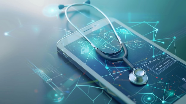 Il concetto di salute elettronica o e-sanità è illustrato con un dispositivo intelligente realistico con uno stetoscopio appeso