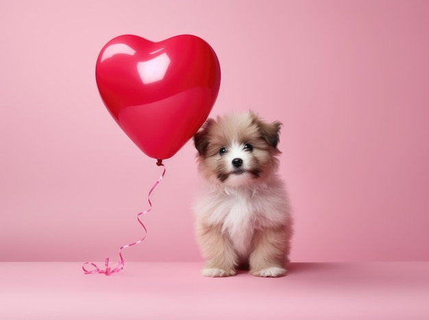 Il concetto di San Valentino con un cucciolo carino che tiene in mano un palloncino di cuore d'amore AI generativa