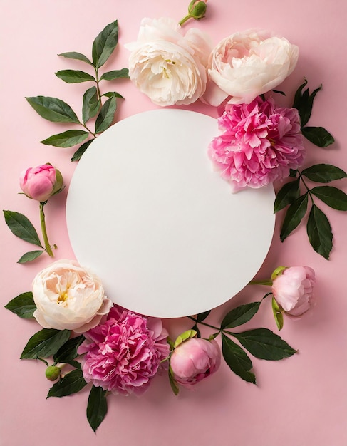 Il concetto di San Valentino vista dall'alto cerchio bianco vuoto fiori primaverili fiori rosa romantici c