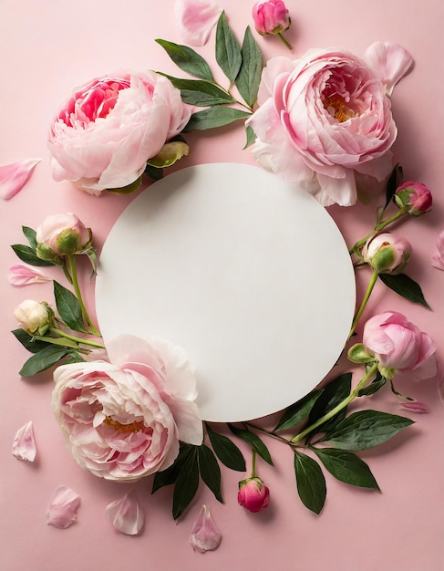 Il concetto di San Valentino vista dall'alto cerchio bianco vuoto fiori primaverili fiori rosa romantici c