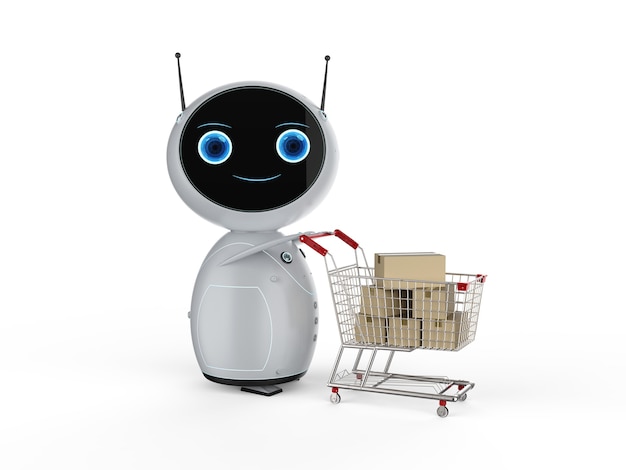 Il concetto di shopping online con rendering 3d robot carino tiene il carrello della spesa