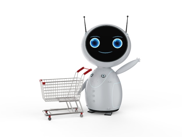 Il concetto di shopping online con rendering 3d robot carino tiene il carrello vuoto