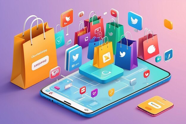 Il concetto di shopping online su social media app 3d Smartphone con borsa della spesa chat consegna di messaggi 24 ore e come icona adatta per la promozione di negozi digitali web e illustrazione pubblicitaria